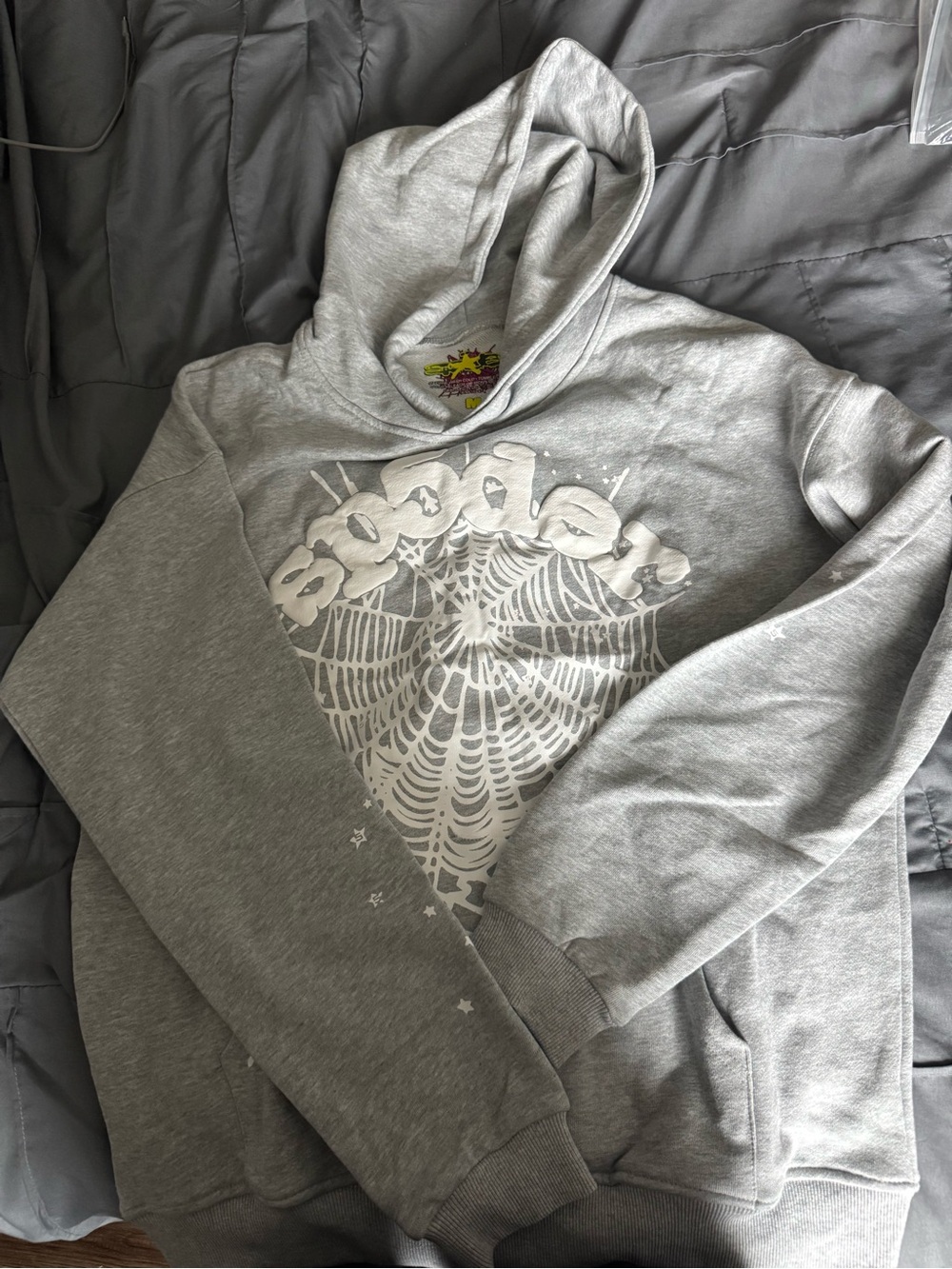 Gray Graphic Sp5der Hoodie with White Print